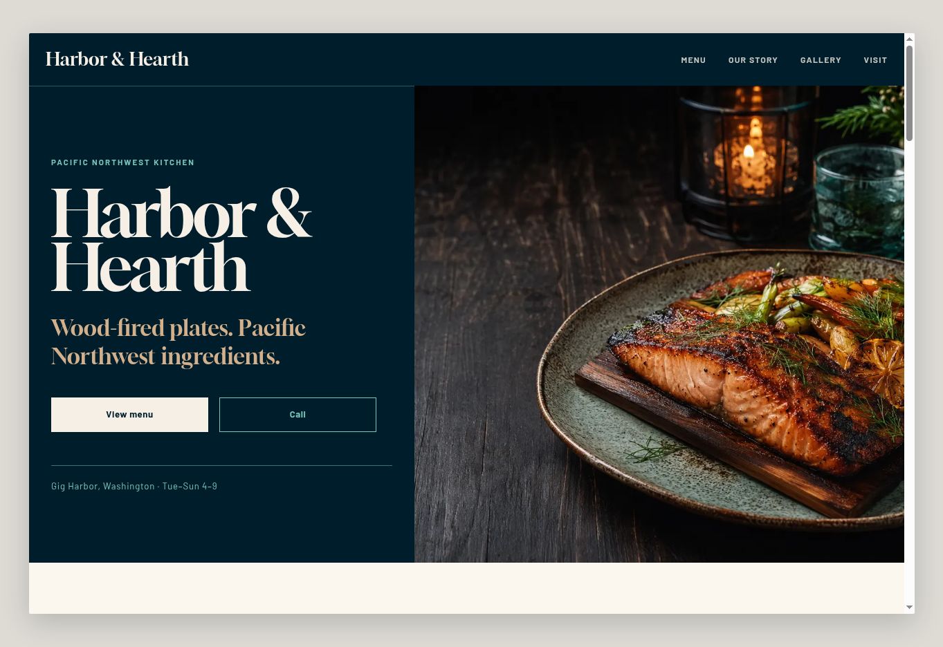 Harbor & Hearth Restaurant Website desktop screenshot