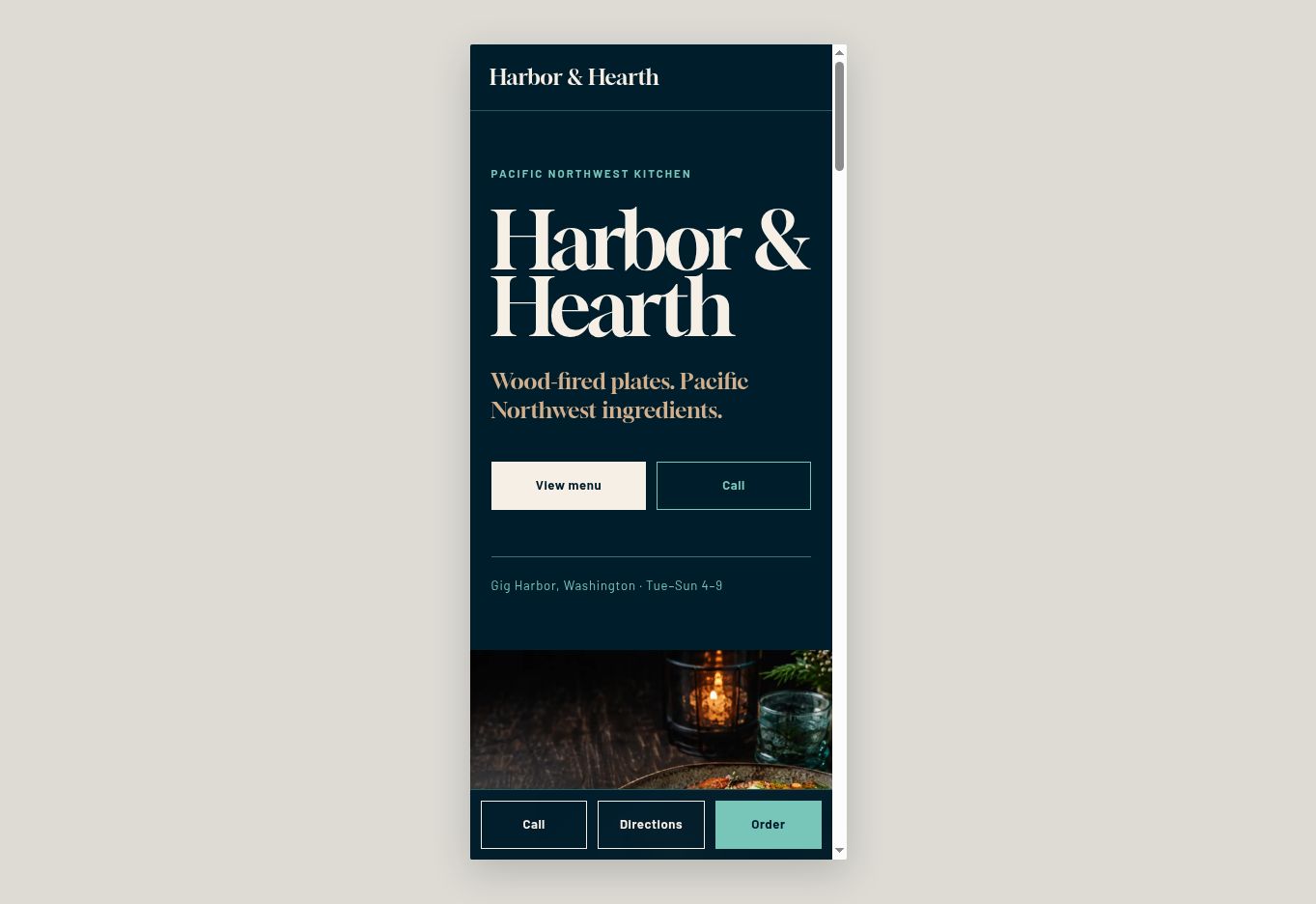 Harbor & Hearth Restaurant Website mobile screenshot