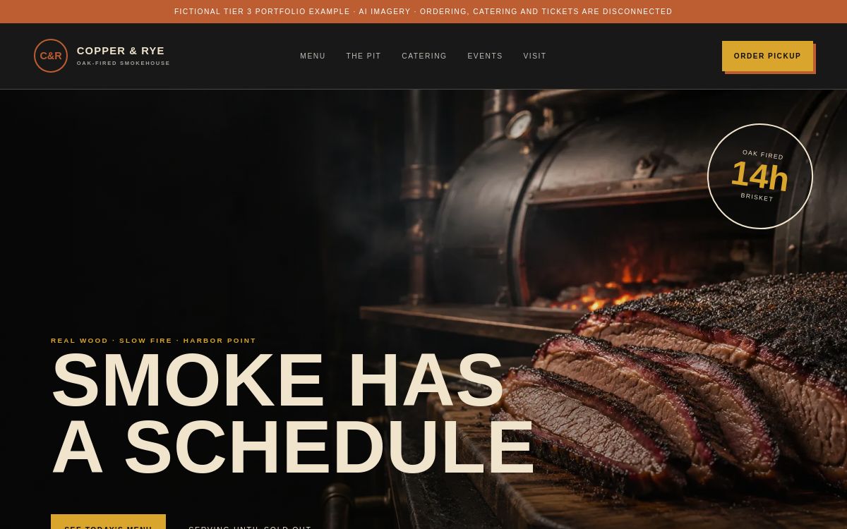 Copper and Rye Smokehouse fictional restaurant website demonstration in charcoal and orange