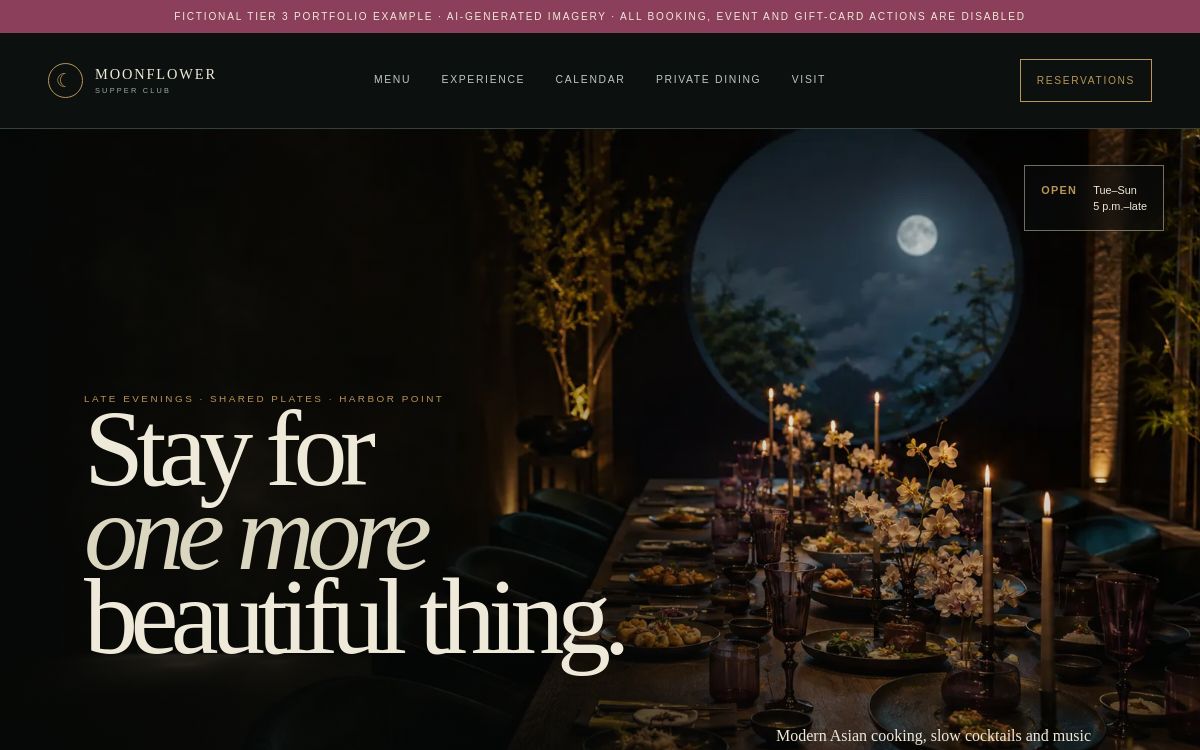 Moonflower Supper Club fictional fine-dining website demonstration in plum and gold
