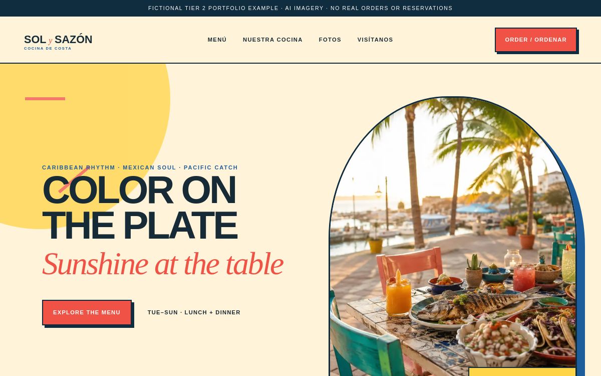 Sol y Sazón Cocina fictional coastal restaurant website demonstration in blue and coral